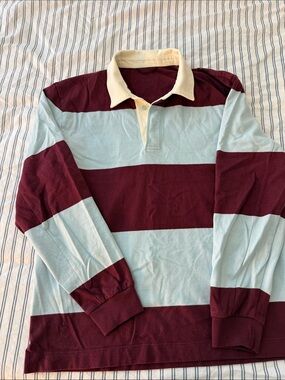 Lululemon Long-Sleeve Rugby Shirt in Burgundy and Light Blue with Cream Collar